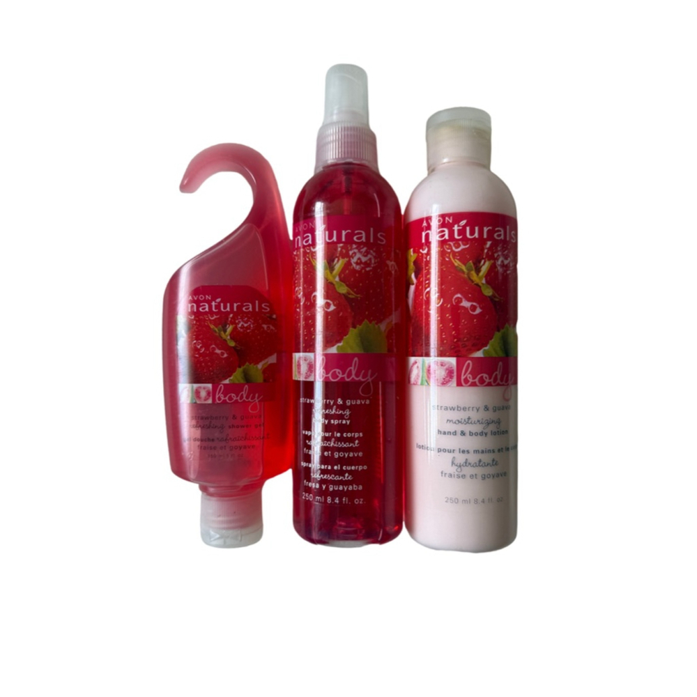 NWT Avon Naturals - Set Of 3 Strawberry & Guava - Lotion, Spray, Shower Gel